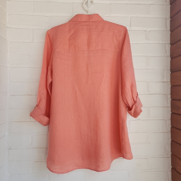 Sigrid Olsen 100% Linen Top Salmon Collared V Neck Roll Tab Sleeves Size Large - Picture 4 of 6
